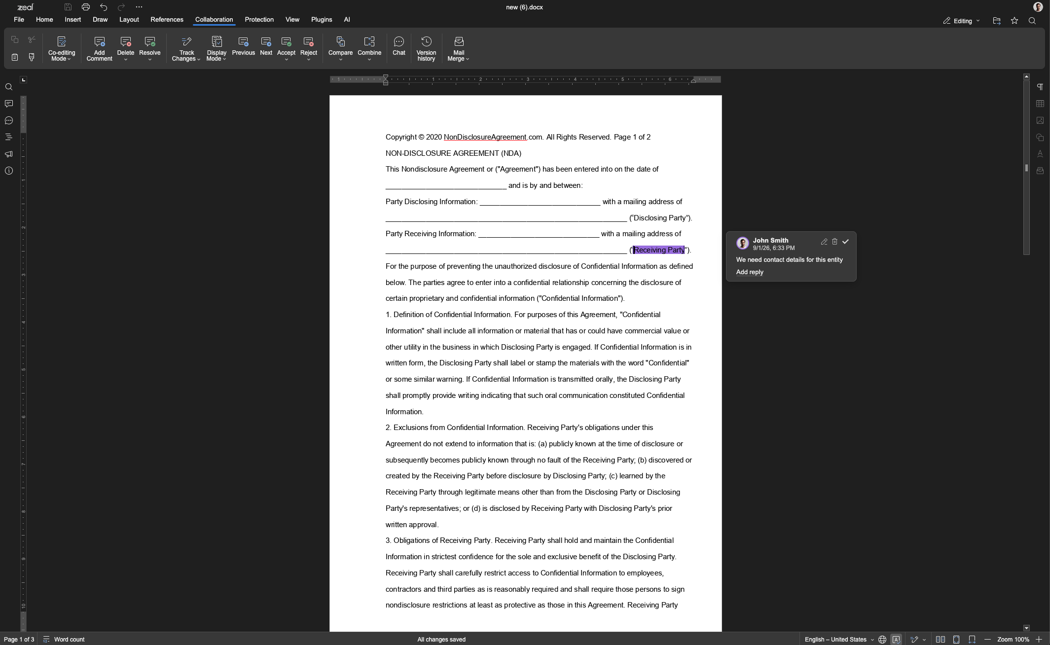 A DOCX contract open in Zeal's editor, showing the Collaboration ribbon with Track Changes, Compare, and Version History tools, and the top of an NDA agreement
