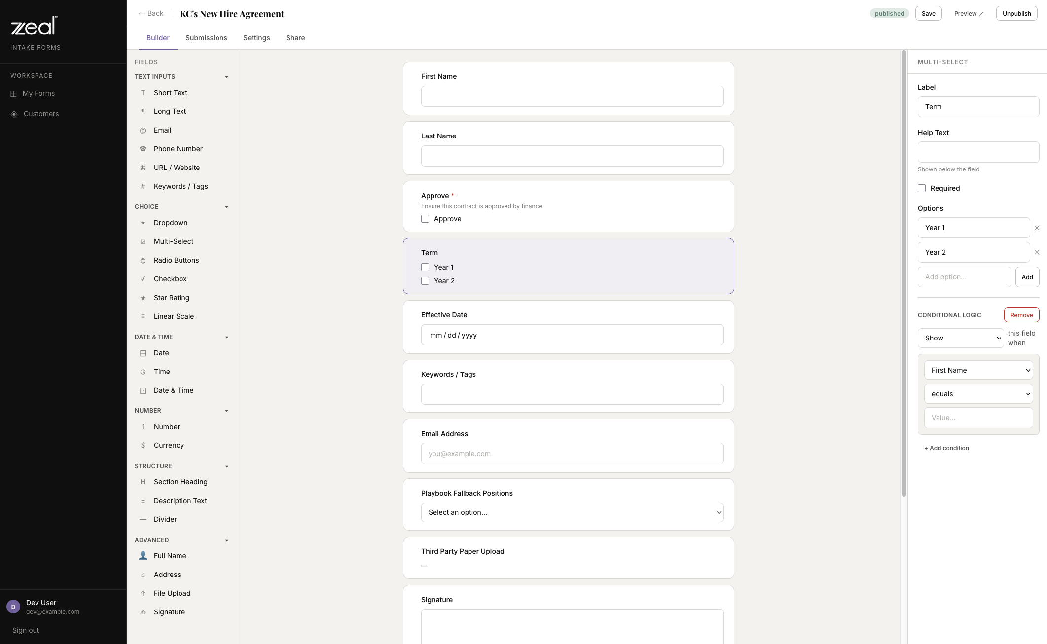 A close-up of Zeal's Intake Forms builder, showing the Fields sidebar and the top of a form preview with First Name, Last Name, and conditional fields