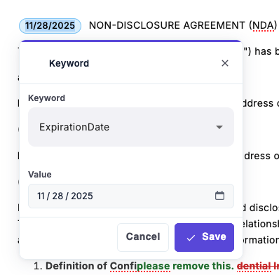 A generated document with a merge keyword field being mapped to a value inside Zeal's editor